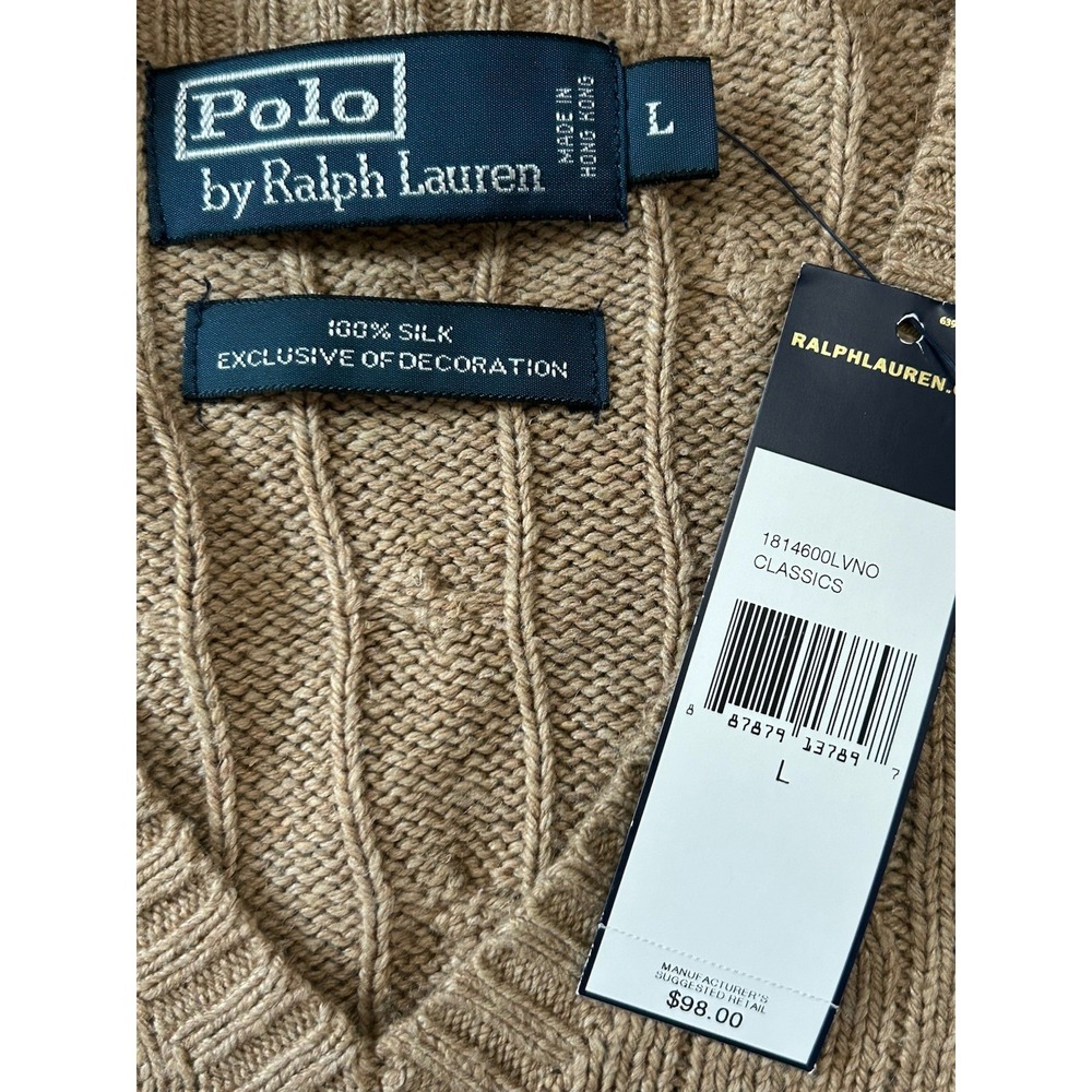 Polo By Ralph Lauren NWT 100% Silk Cable Knit V-Neck Sweater Tan SZ L Mens - Picture 4 of 4